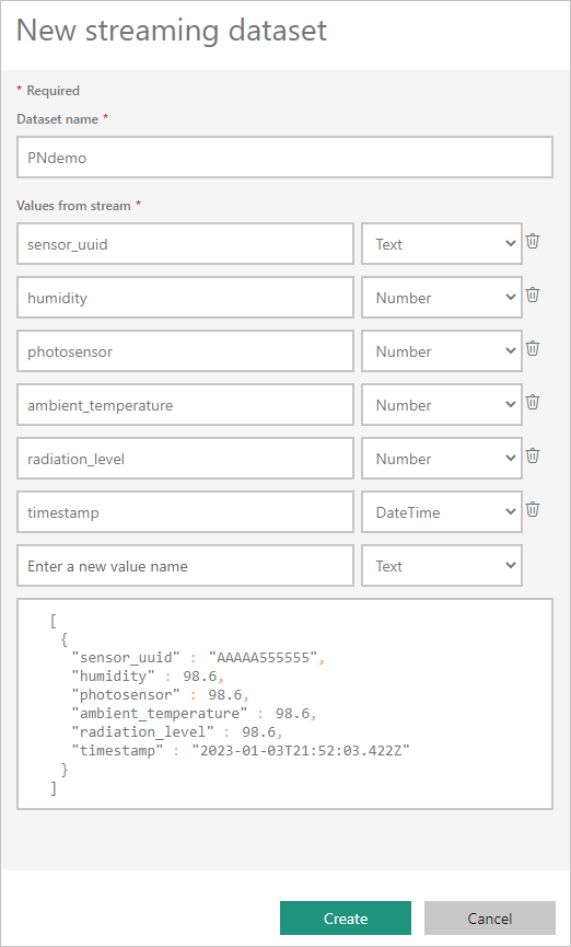 Screenshot of the New streaming dataset dialog, showing defaults for the Dataset name and Values from stream fields.