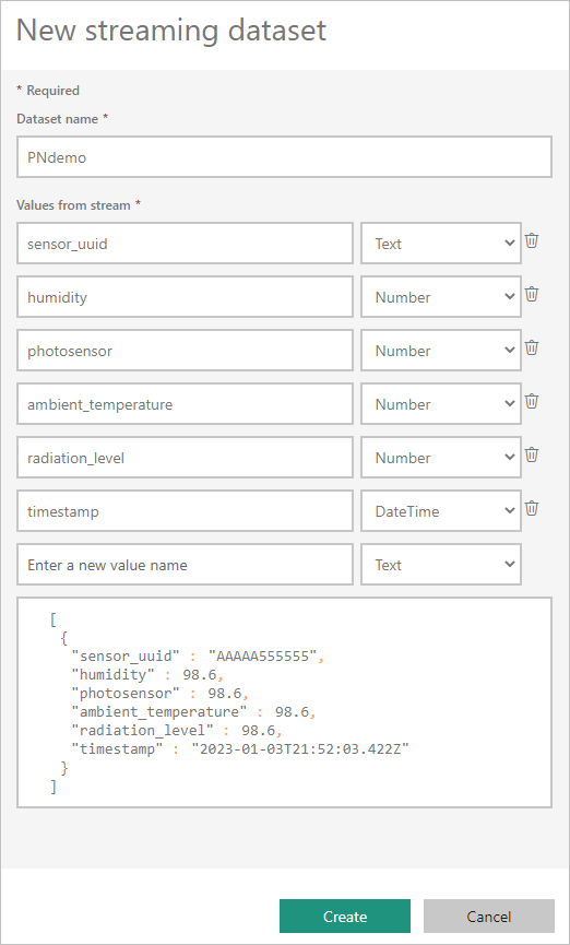 Screenshot of the New streaming semantic model dialog, showing defaults for the Semantic model name and Values from stream fields.