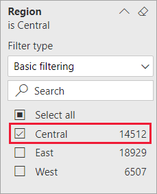 Screenshot of the Region filter expanded and showing Central with a checkmark.