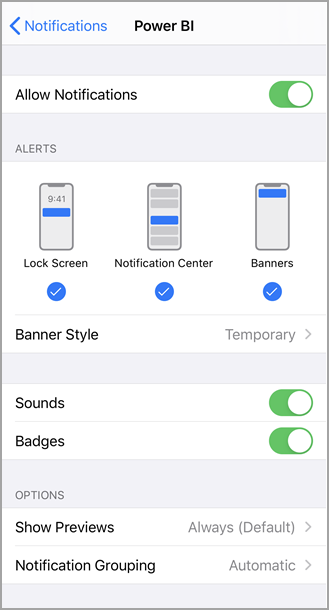 Screenshot shows an iPhone screen titled Power B I where you can allow and manage notifications.