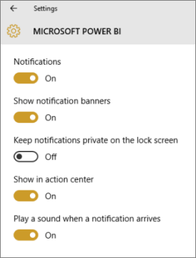 Screenshot shows a Windows device screen where you can allow and manage Power B I notifications.