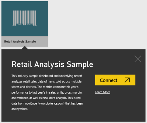 Screenshot showing the Connect button for the Retail Analysis Sample.