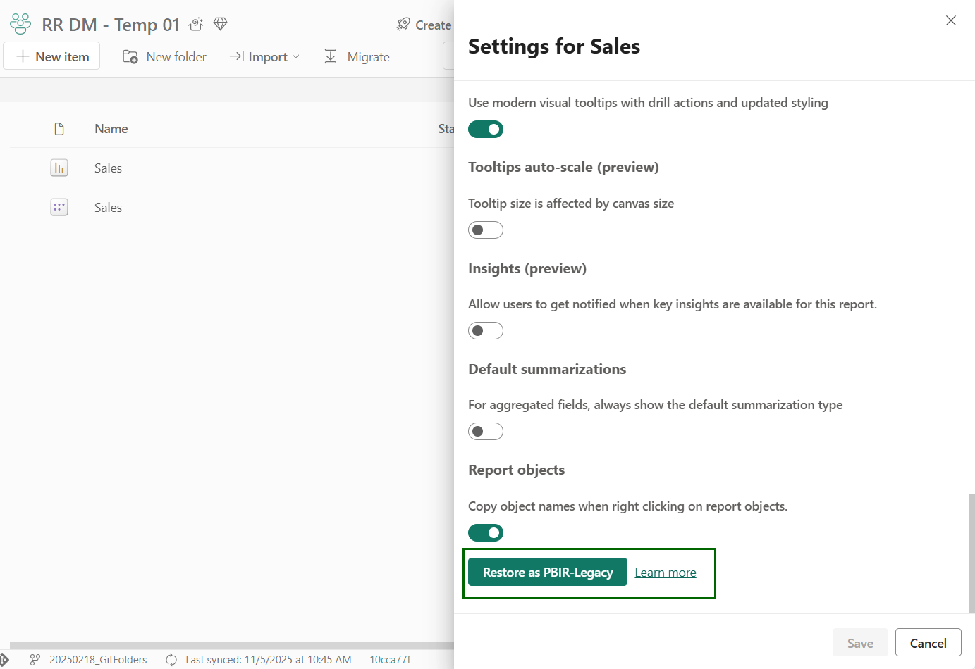 Screenshot of PBIR restore setting.