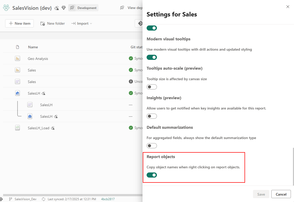 Screenshot of the report settings with the switch enabled.