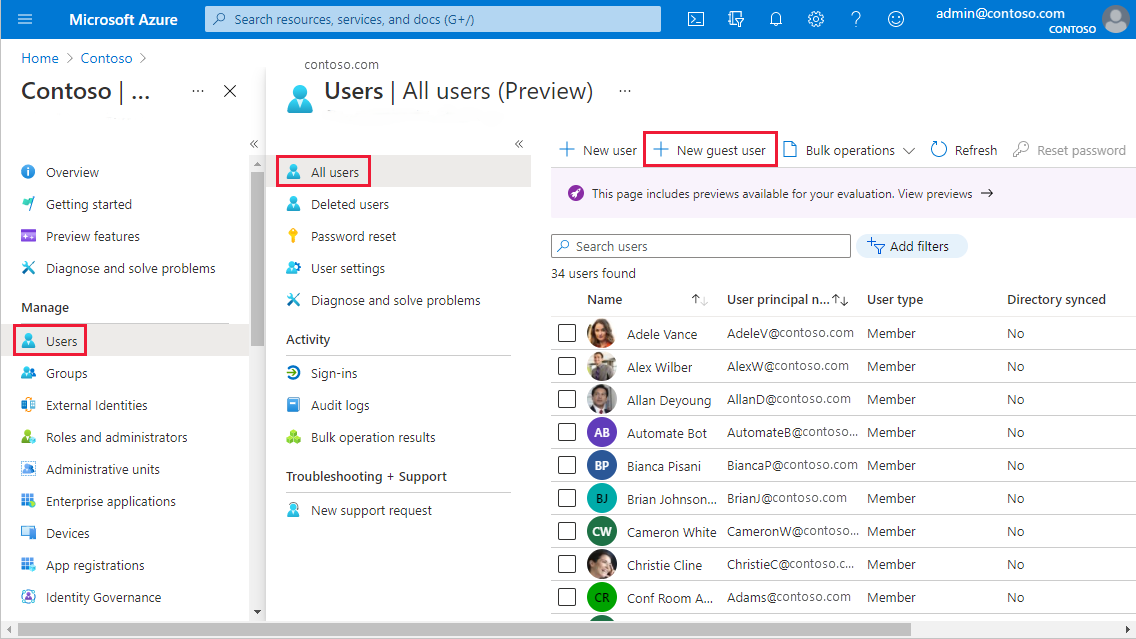 Screenshot of the Azure portal with the New guest user option called out.