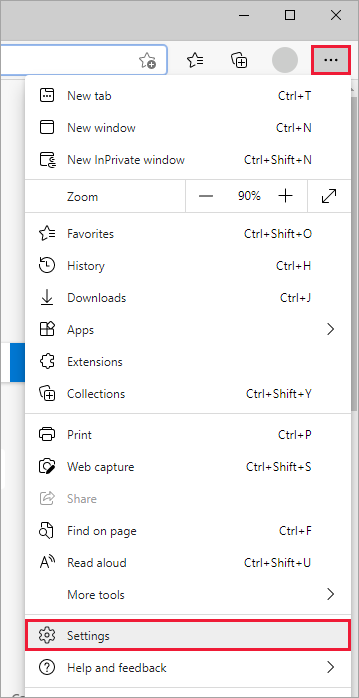 Screenshot of Edge showing the Settings and more icon.