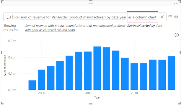 Screenshot that shows how to convert the Q&A visual to a column chart by adding more text to the question.