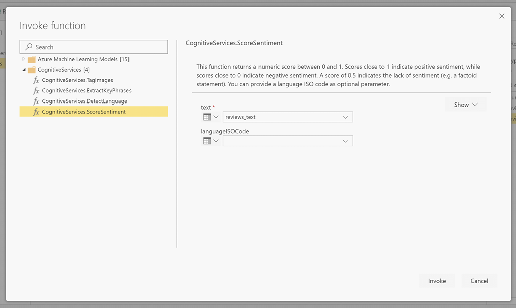 Screenshot of the Invoke function dialog showing CognitiveServices.ScoreSentiment selected.