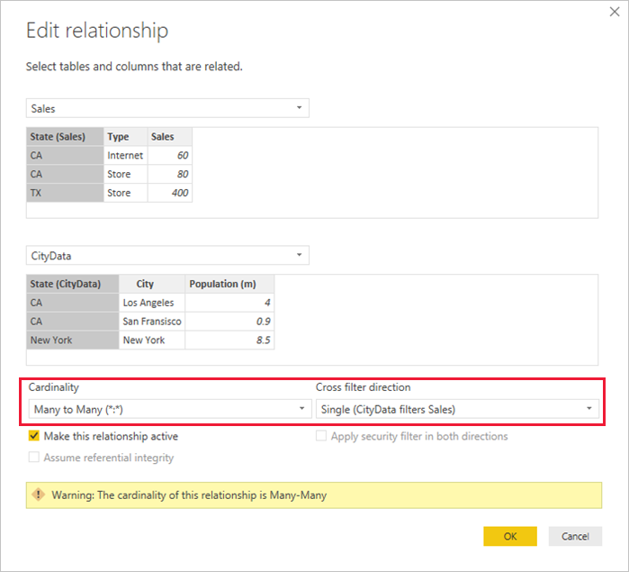 Screenshot of a many-to-many relationship in the Edit relationship pane.