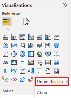 Screenshot of option to unpin a visualization from the visualization pane.
