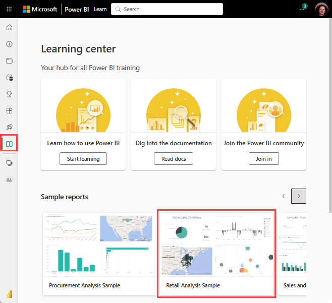 Screenshot of the Learning center page with the Retail Analysis Sample.