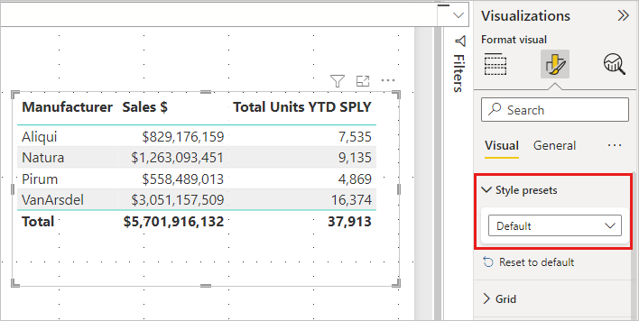 Screenshot shows how to select Style presets from Formatting tab.