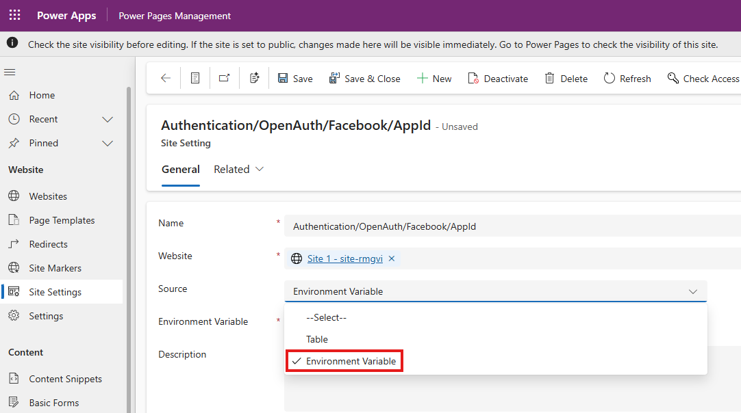 Screenshot showing a site setting with the source as environment variable.