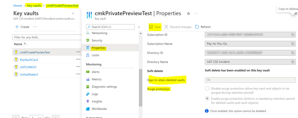 Enable purge protection on the key vault