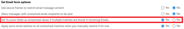 Screenshot of set email form options.