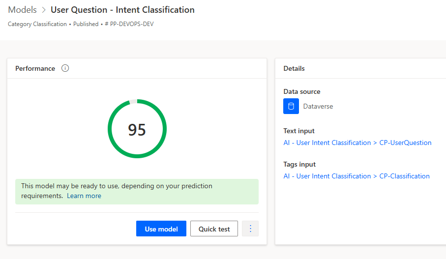 Screenshot showing the User Intent Classification model.
