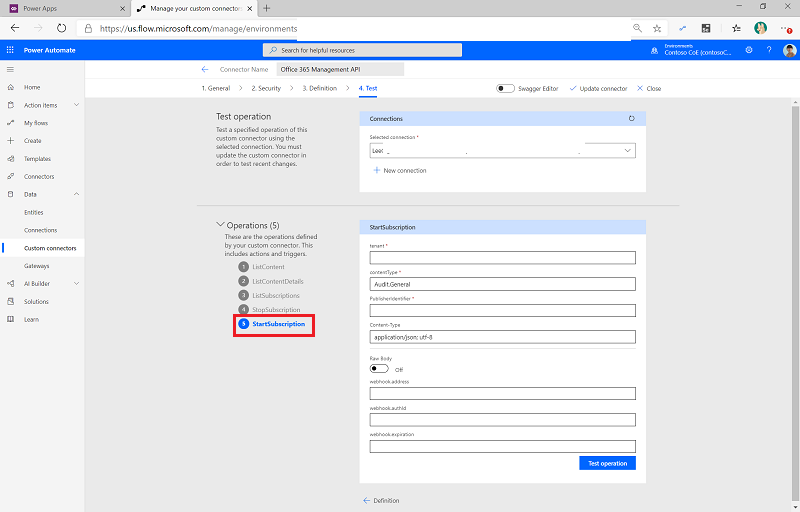 Custom connector Start Subscription.