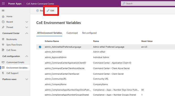 Update environment variable values in the CoE Admin Command Center app.