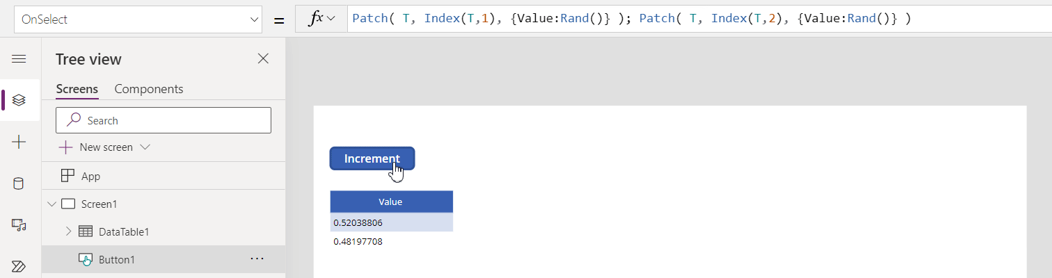 Animation showing the two records in table T being updated with random numbers after each button click