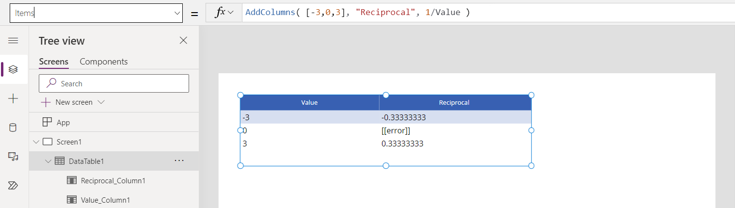 Data table showing an error for the field Reciprocal for an input of 0, which results in a division by zero error