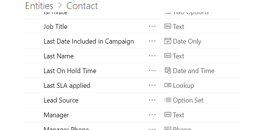 A partial list of the fields from the Contact table in the Dataverse.