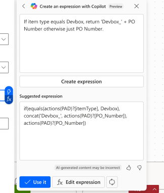 Natural Language is in the top box and Copilot generates an expression in the bottom box. Natural Language is in the top box and Copilot generates an expression in the bottom box.