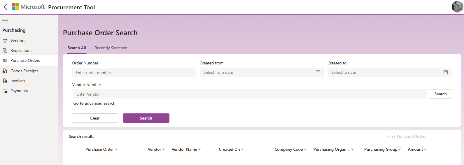 The purchase order search screen.