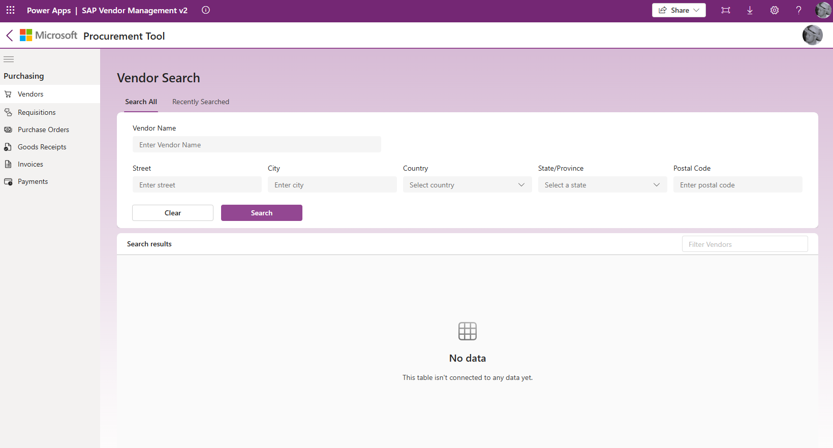 Search for a vendor screen.