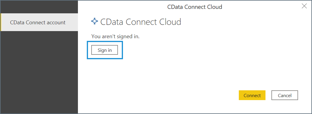 Screenshot of the authentication dialog where you sign in to your CData Connect account.