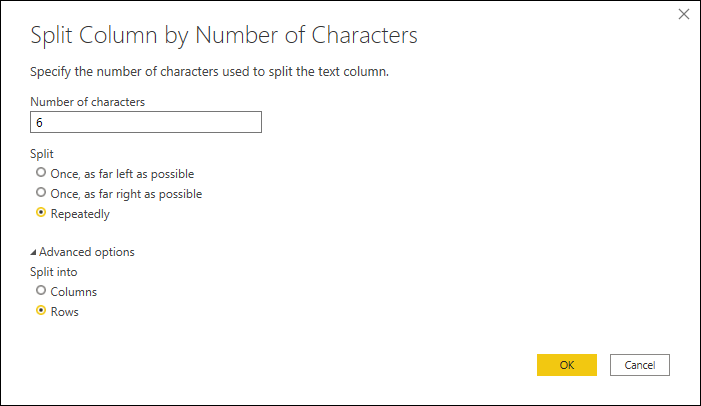Screenshot of the split into rows by number of characters window.