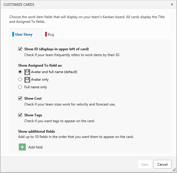 Kanban board, card customization dialog