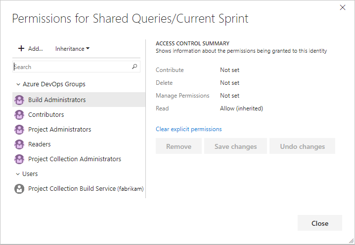 Query folder permissions dialog