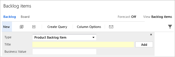 Backlog panel with Business Value field added