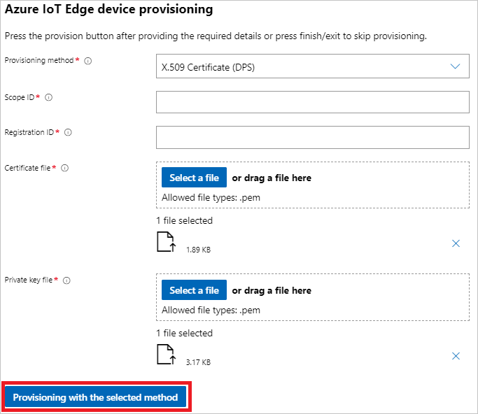 Choose provisioning with the selected method after filling in the required fields for symmetric key provisioning, PNG.