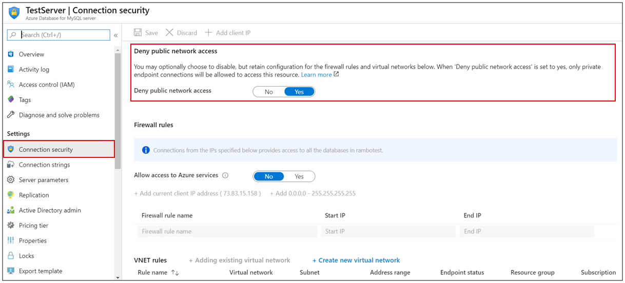 Azure Database for MySQL Deny network access