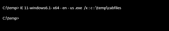 Screenshot shows the command to extract Internet Explorer 11 core installation package.
