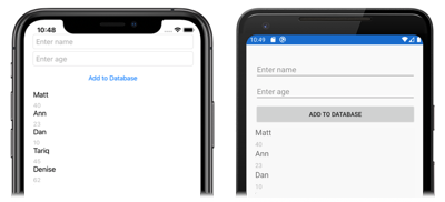 Screenshot of local SQLite.NET database data persistence, on iOS and Android