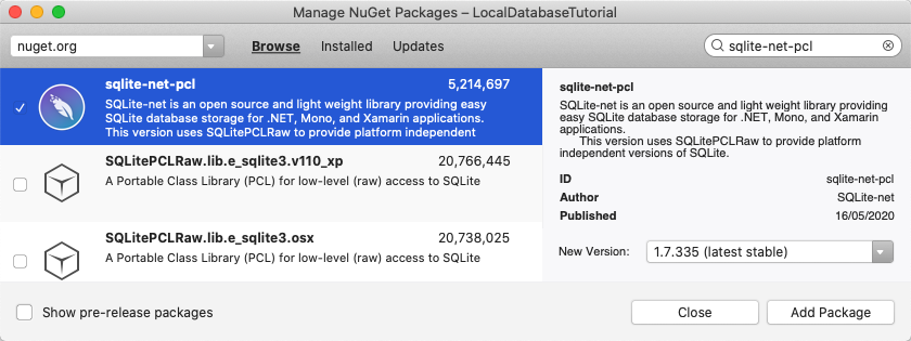 Screenshot of the SQLite.NET NuGet Package in the NuGet Package Manager