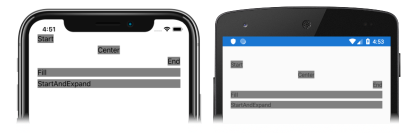 Screenshot of child views in a StackLayout, with alignment and expansion options set, on iOS and Android