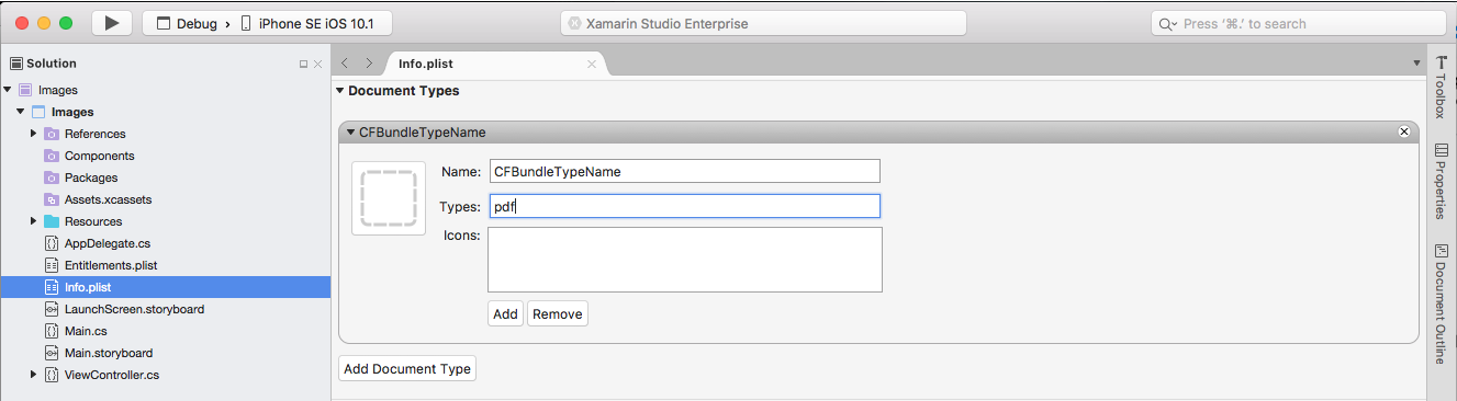The Document Types section under the Advanced tab on the Info.plist editor