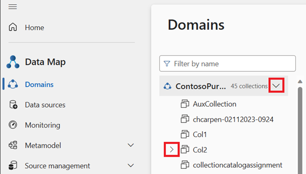 Screenshot of the domains menu with the arrow icon beside the default domain and one of the collections highlighted.