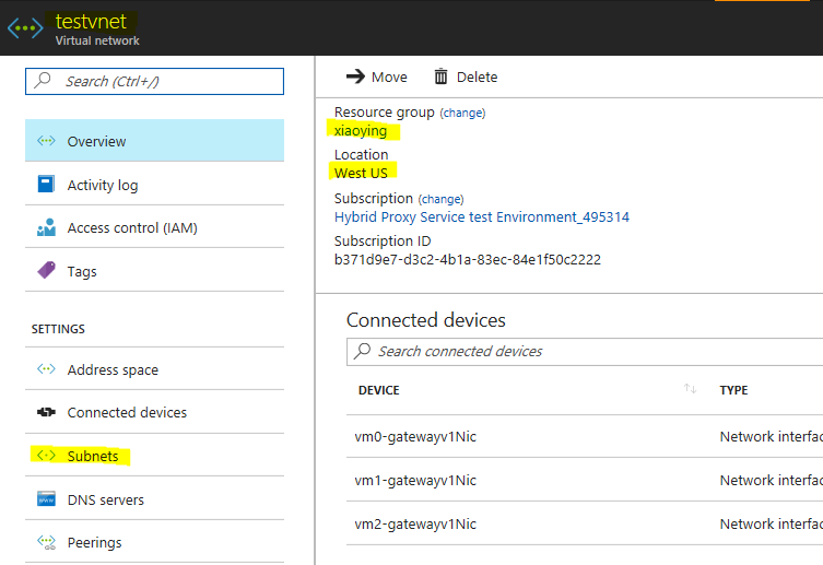 vnet and subnet information