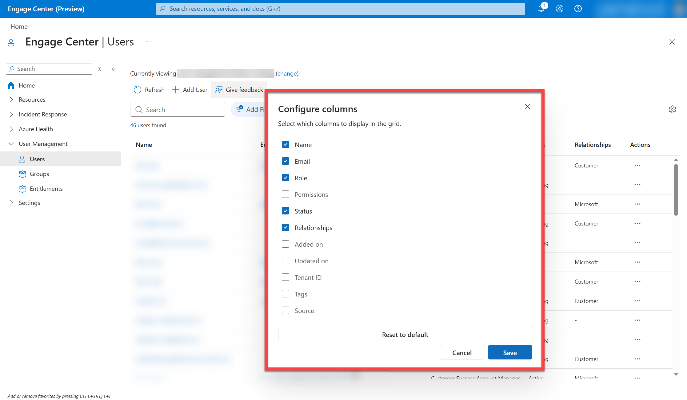 The list of Column options and their checkmarks for the Users list.
