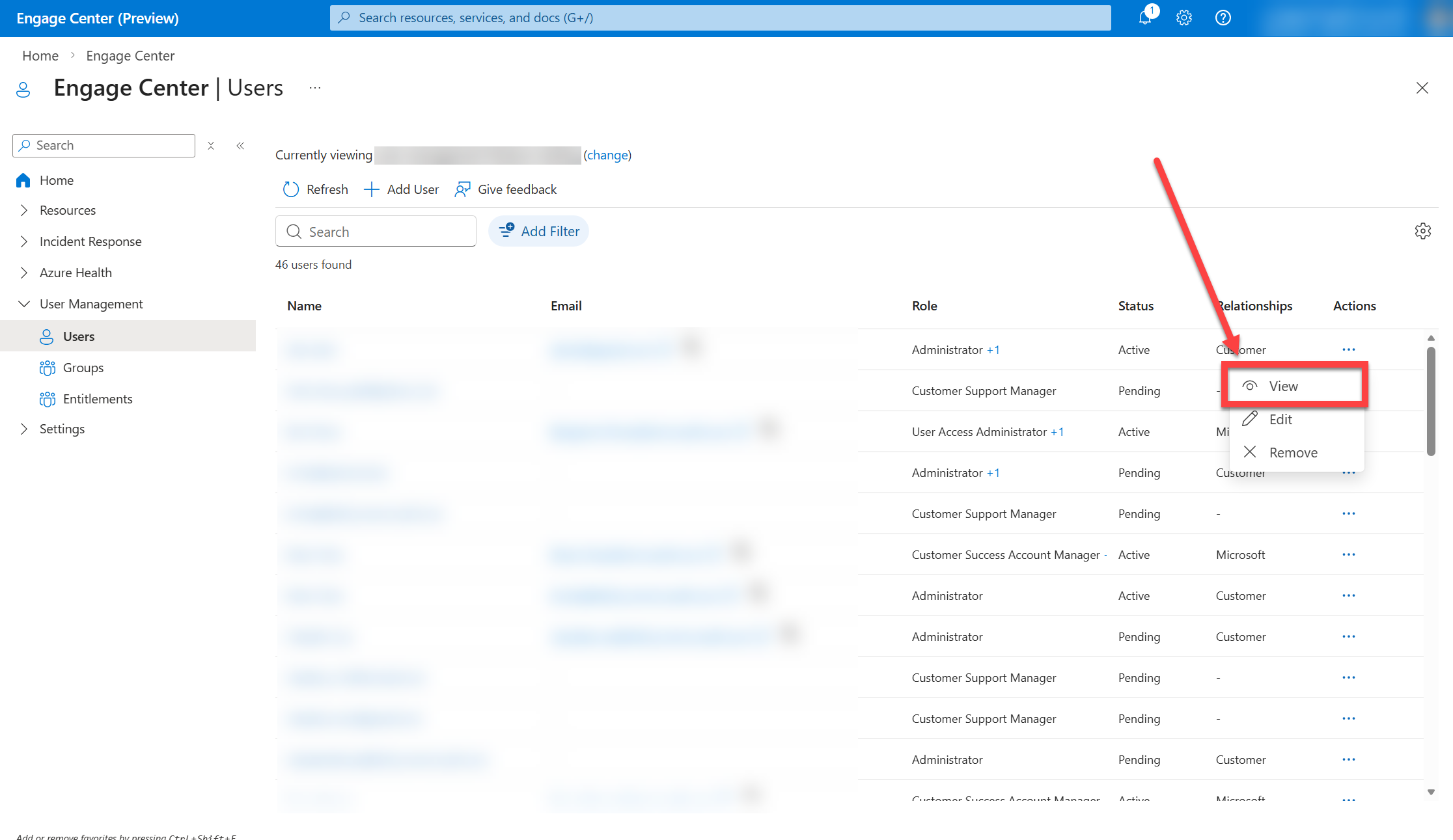The eye icon labeled View in the Users list.