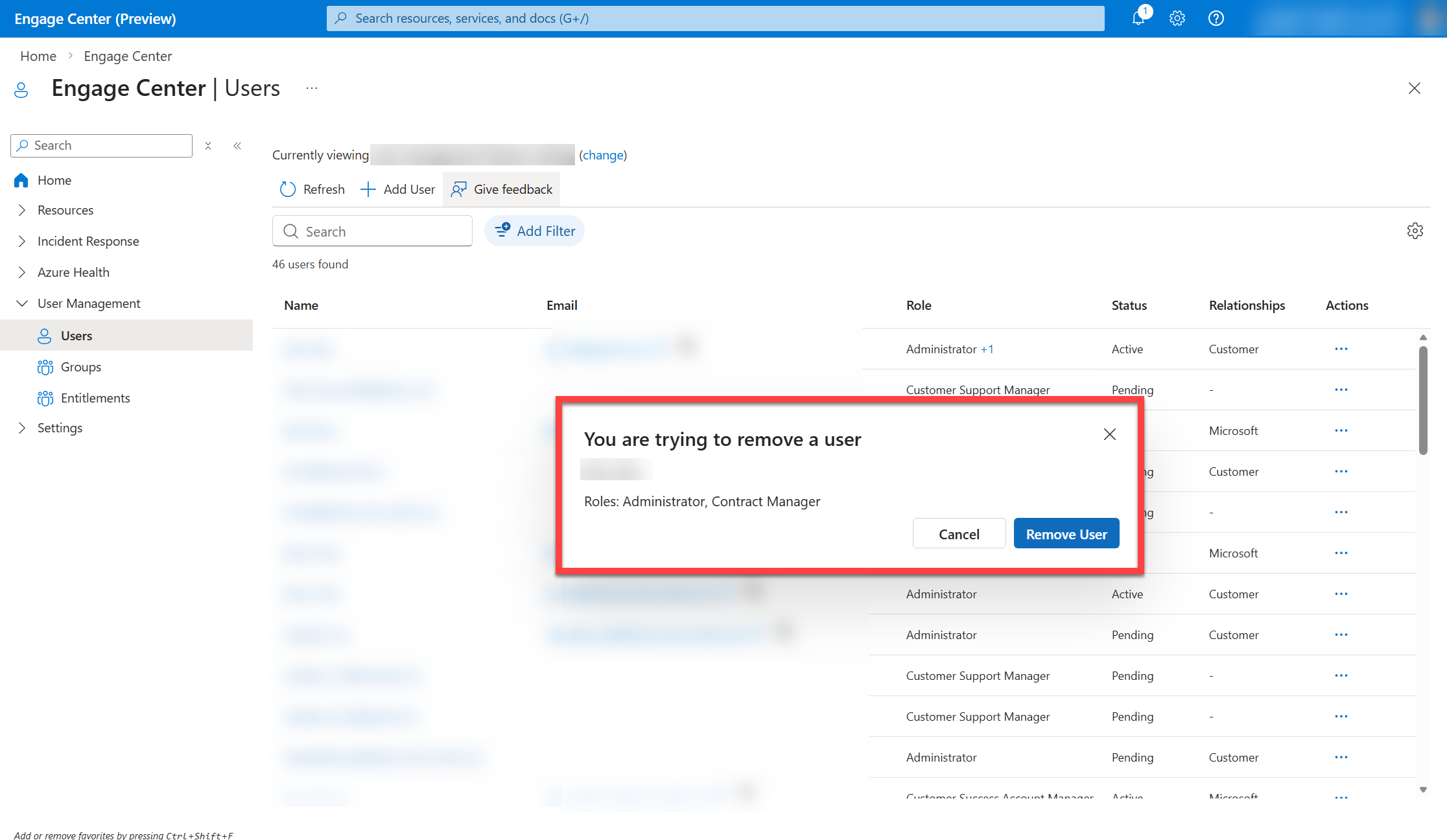 The remove a user dialogue box in User Management.