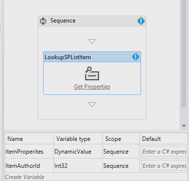 The screenshot shows how to create an Int32 variable and name it "ItemAuthorId".