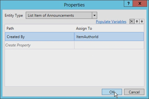 The screenshot shows how to change the Entity Type to List Item of Announcements