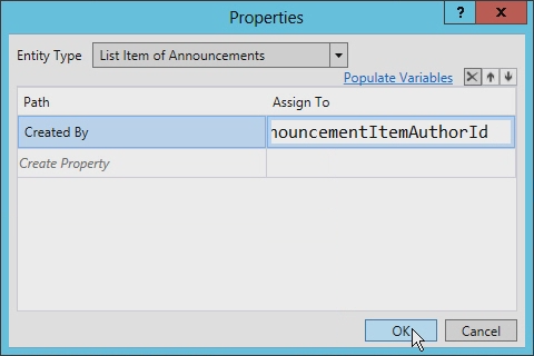 The screenshot shows how to assign the Created By path to the variable AnnouncementItemAuthorId.