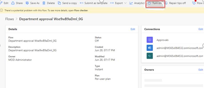Turn on workflow after connection references are configured.