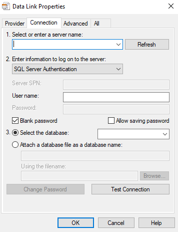 Screenshot of OLE DB Data Link Pages - Connection Tab.